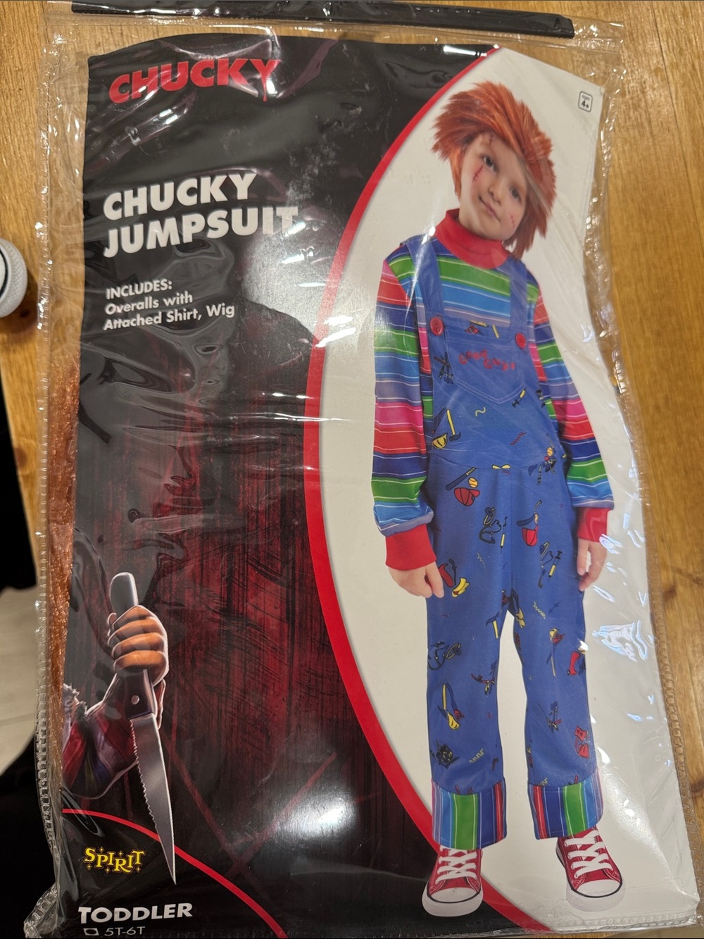 Spirit Chucky Toddler Jumpsuit - Blue Overalls with Red & Multi-Stripe Shirt